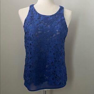Express Royal Blue Lace Crochet Floral Tank Top with Sheer Underlayer-Small